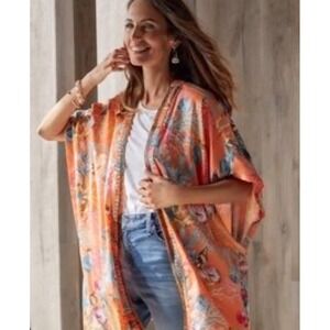 Chicos Kimono Top Cover‎ Up Beaded Coral Pink Ocean Theme L/XL Beach Coastal